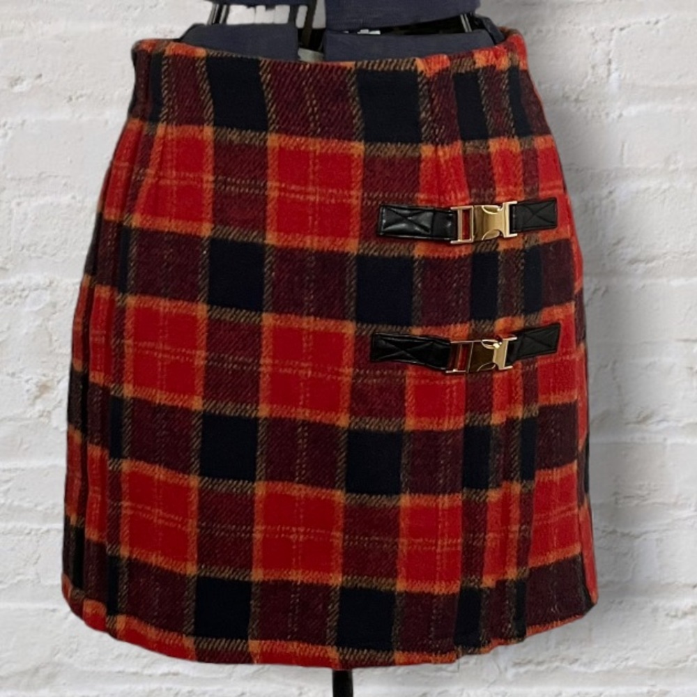 Étophe Studios Red Black Yellow Plaid Straight Mini Skirt With Buckles